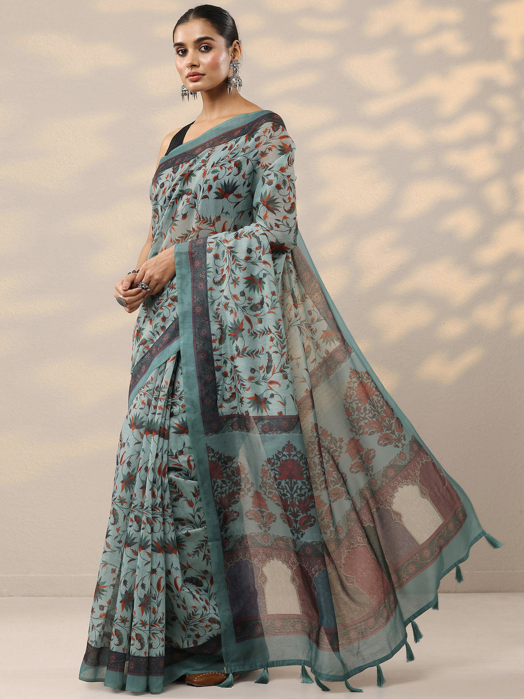  Blue Printed Silk Blend Saree With Unstitched Blouse Piece 