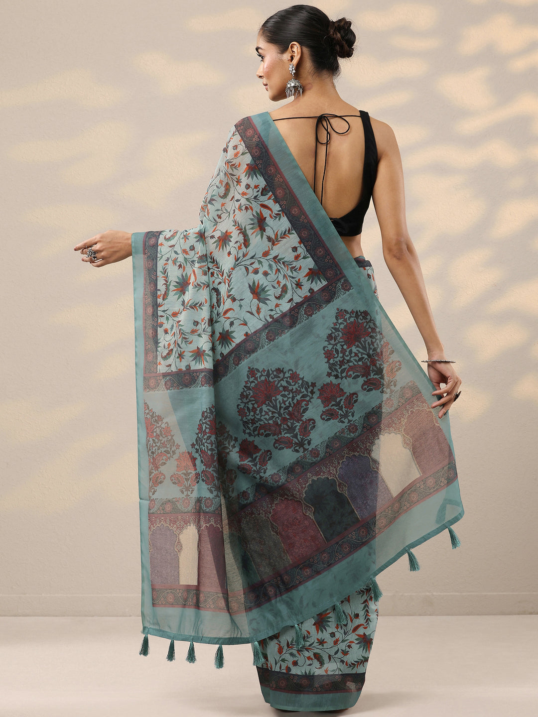  Blue Printed Silk Blend Saree With Unstitched Blouse Piece 