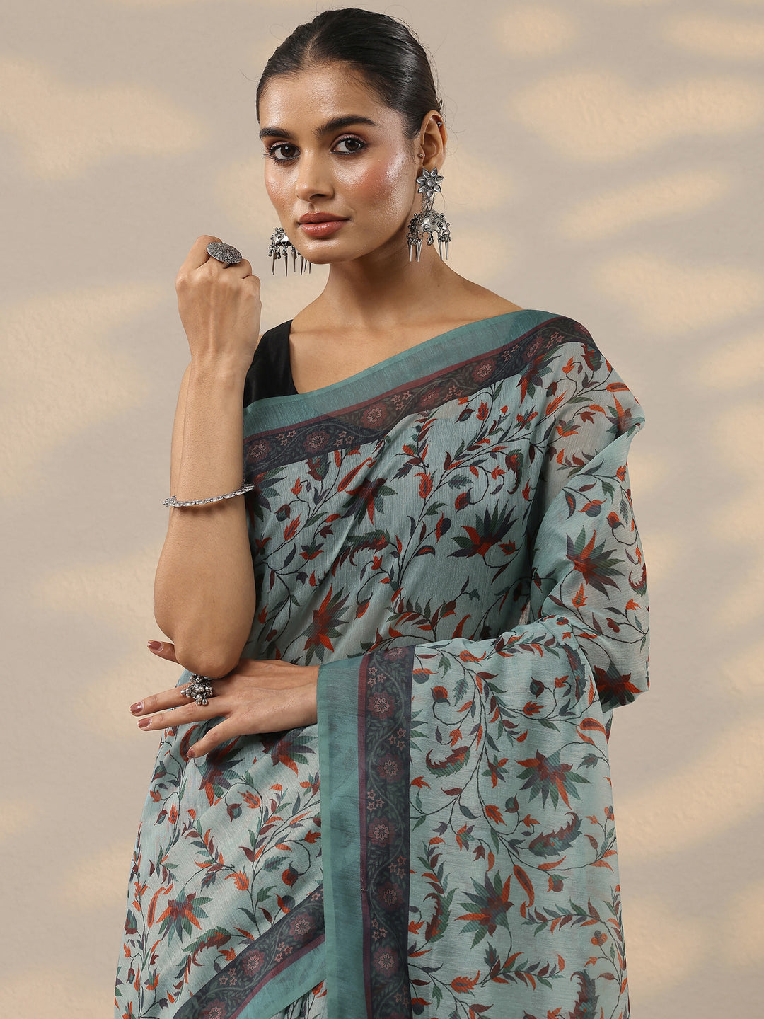  Blue Printed Silk Blend Saree With Unstitched Blouse Piece 