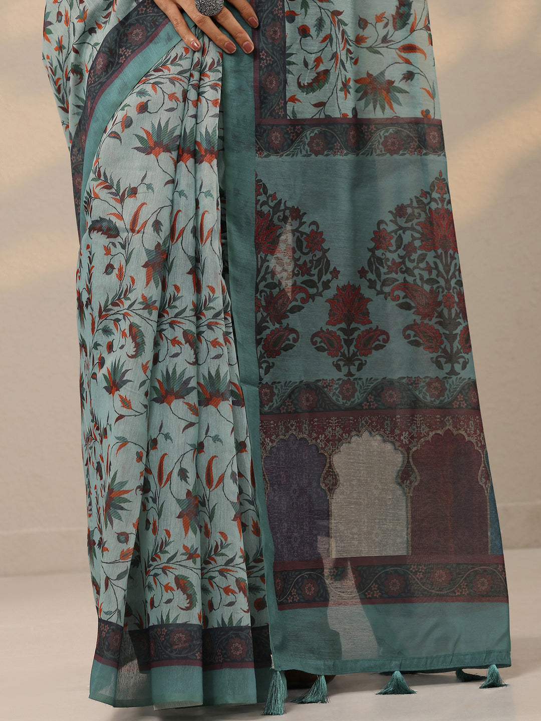  Blue Printed Silk Blend Saree With Unstitched Blouse Piece 