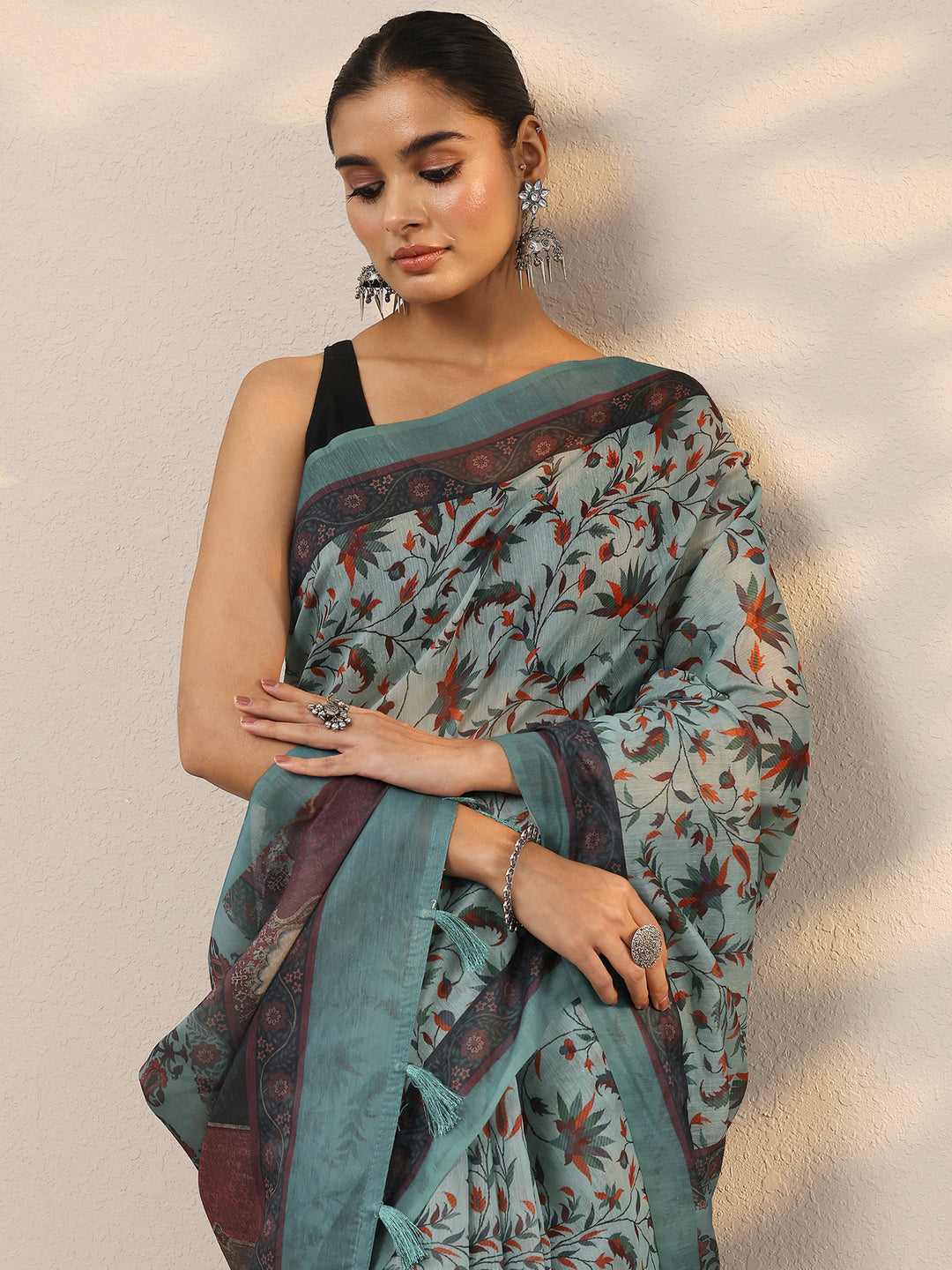  Blue Printed Silk Blend Saree With Unstitched Blouse Piece 