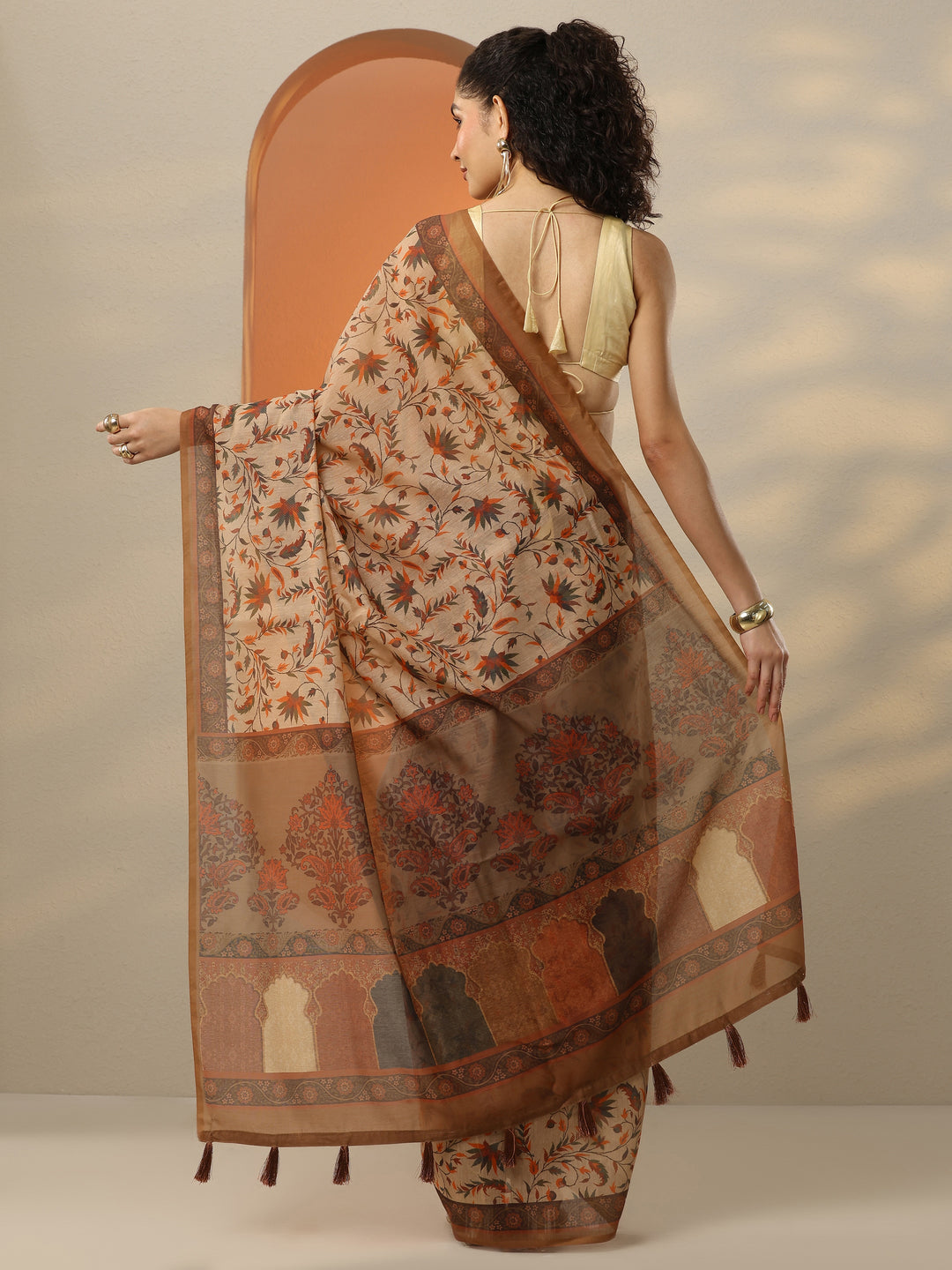  Brown Printed Silk Blend Saree With Unstitched Blouse Piece 