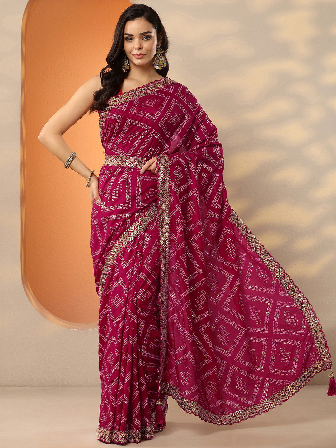  Pink Bandhani Printed Silk Blend Saree With Unstitched Blouse Piece 