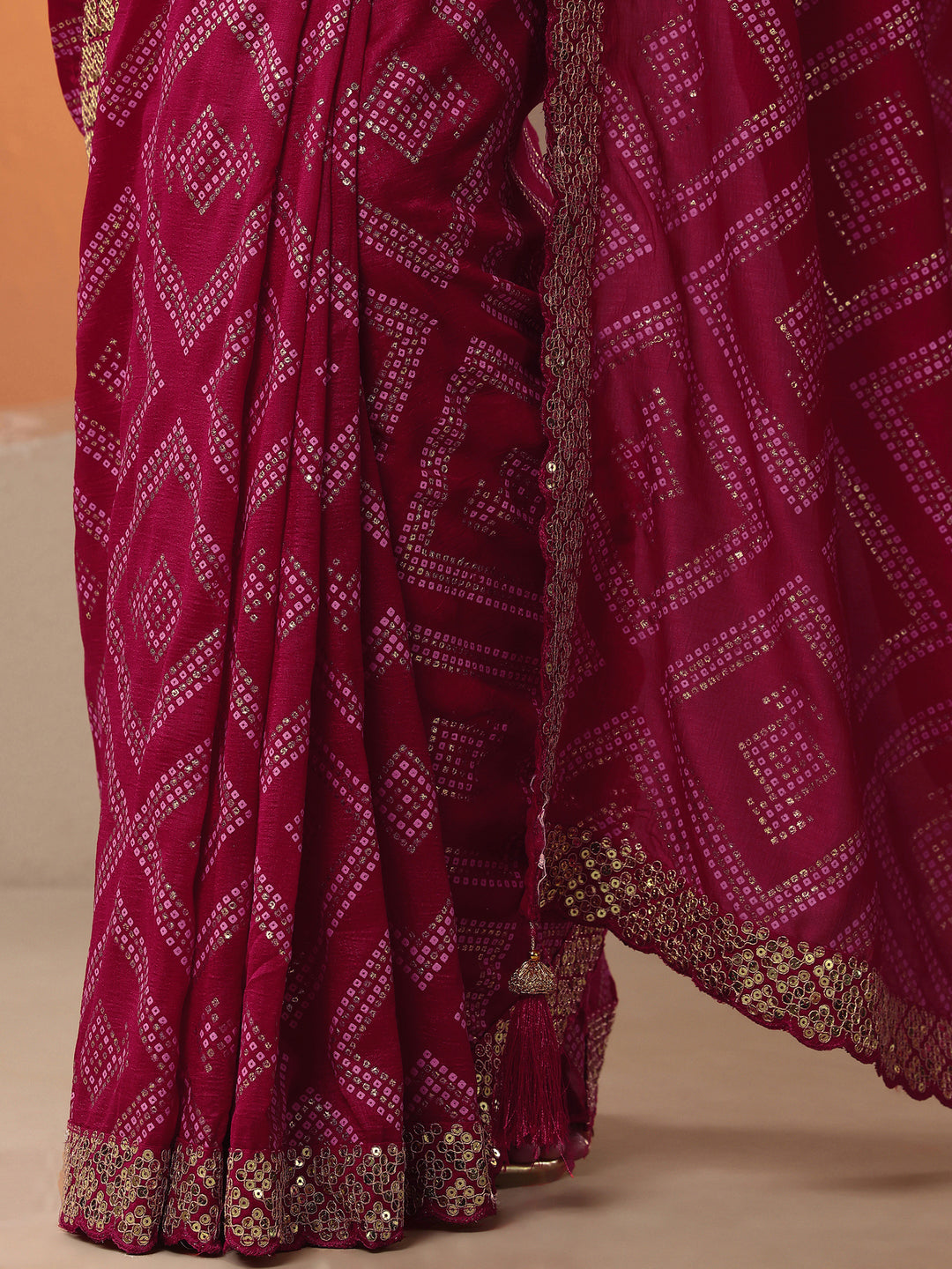  Pink Bandhani Printed Silk Blend Saree With Unstitched Blouse Piece 