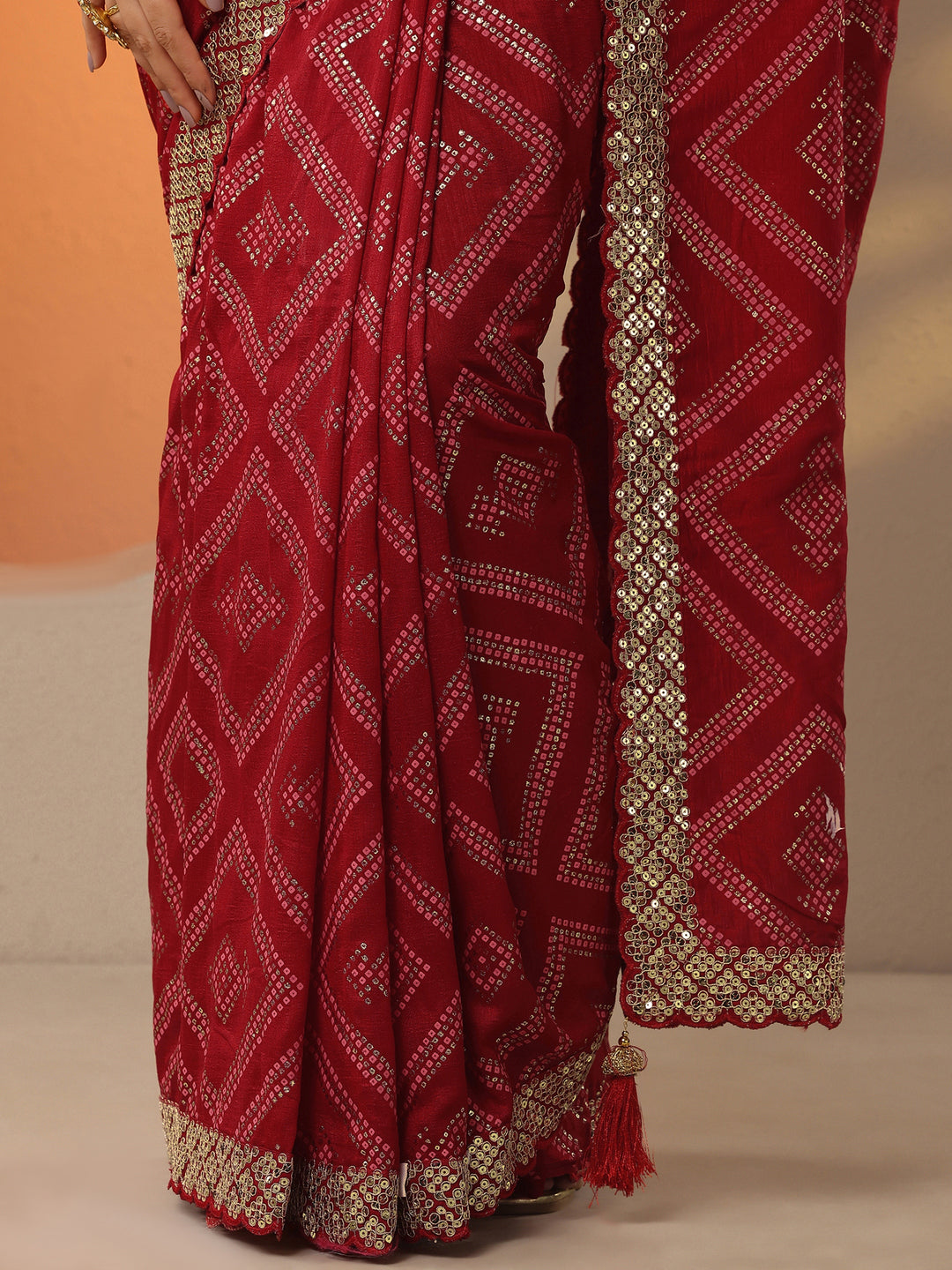  Red Bandhani Printed Silk Blend Saree With Unstitched Blouse Piece 