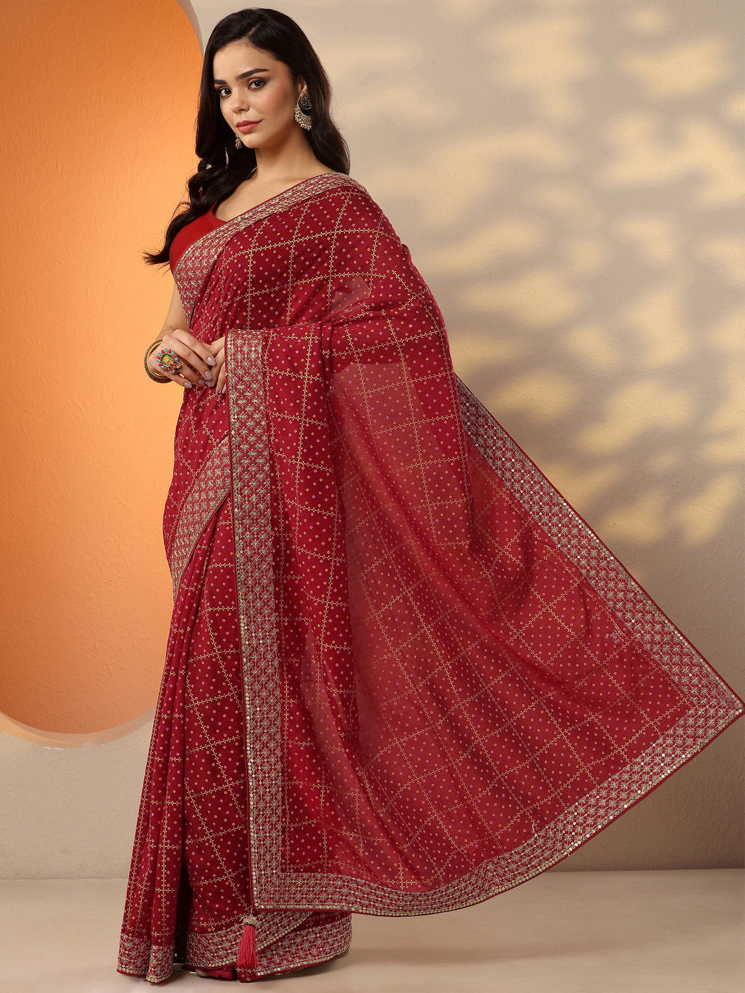  Red Bandhani Printed Silk Blend Saree With Unstitched Blouse Piece 