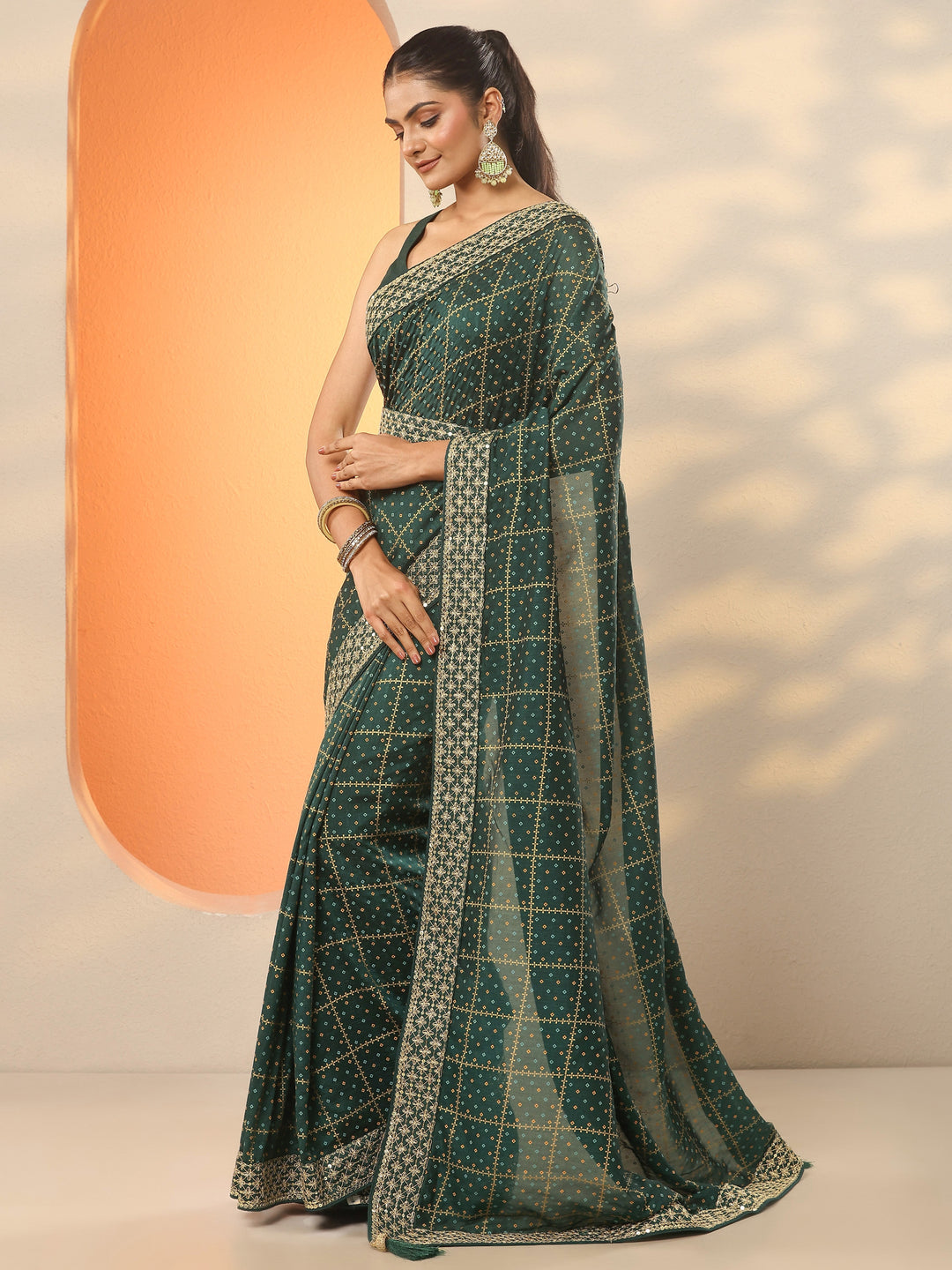  Green Bandhani Printed Silk Blend Saree With Unstitched Blouse Piece 