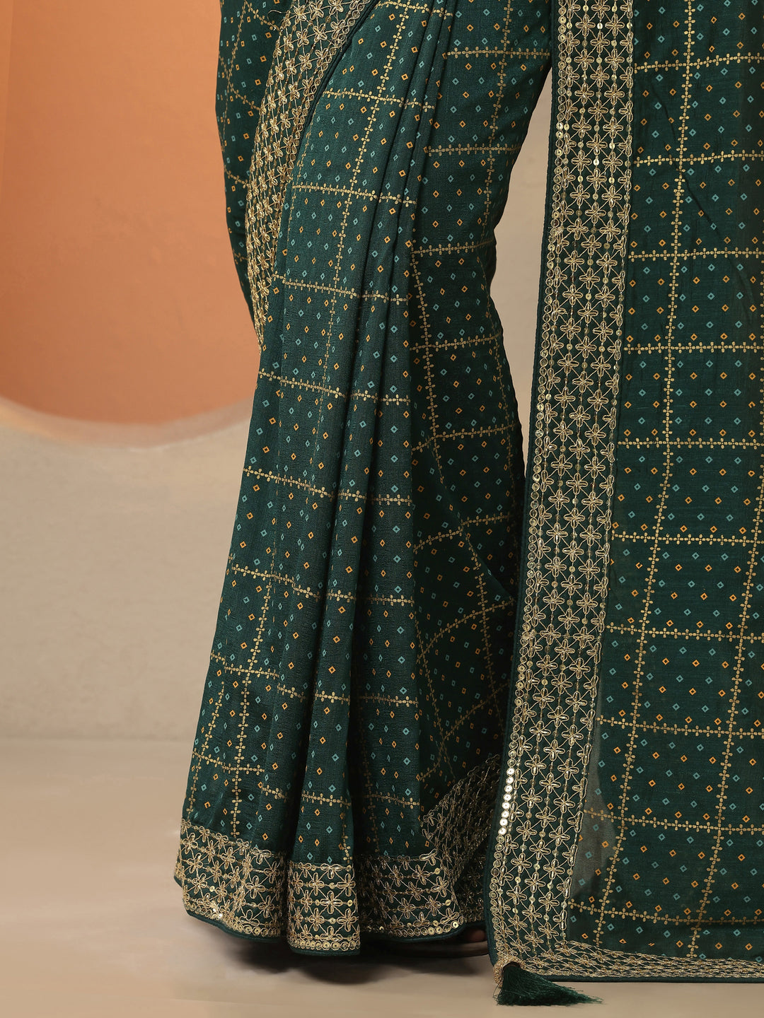  Green Bandhani Printed Silk Blend Saree With Unstitched Blouse Piece 