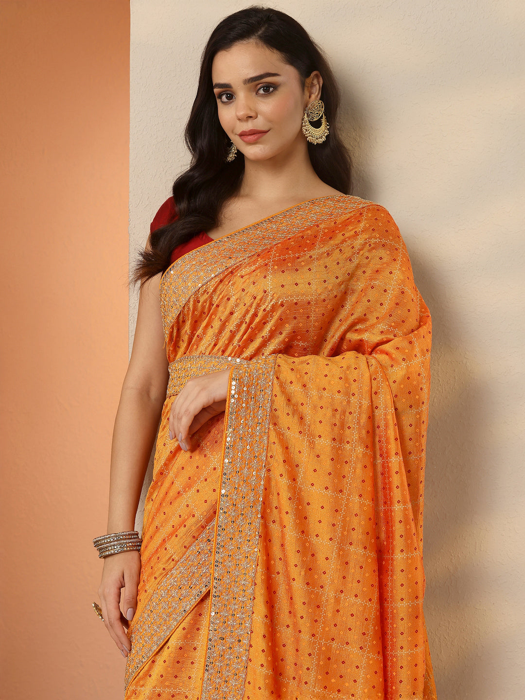  Mustard Bandhani Printed Silk Blend Saree With Unstitched Blouse Piece 