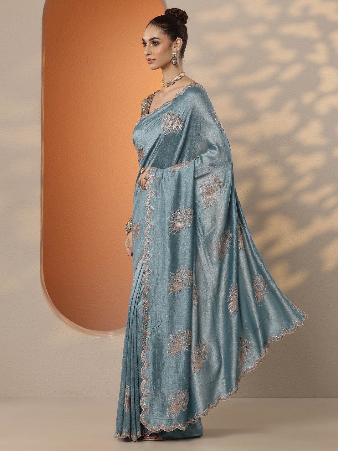 Blue Embellished Chinon Saree With Unstitched Blouse Piece 