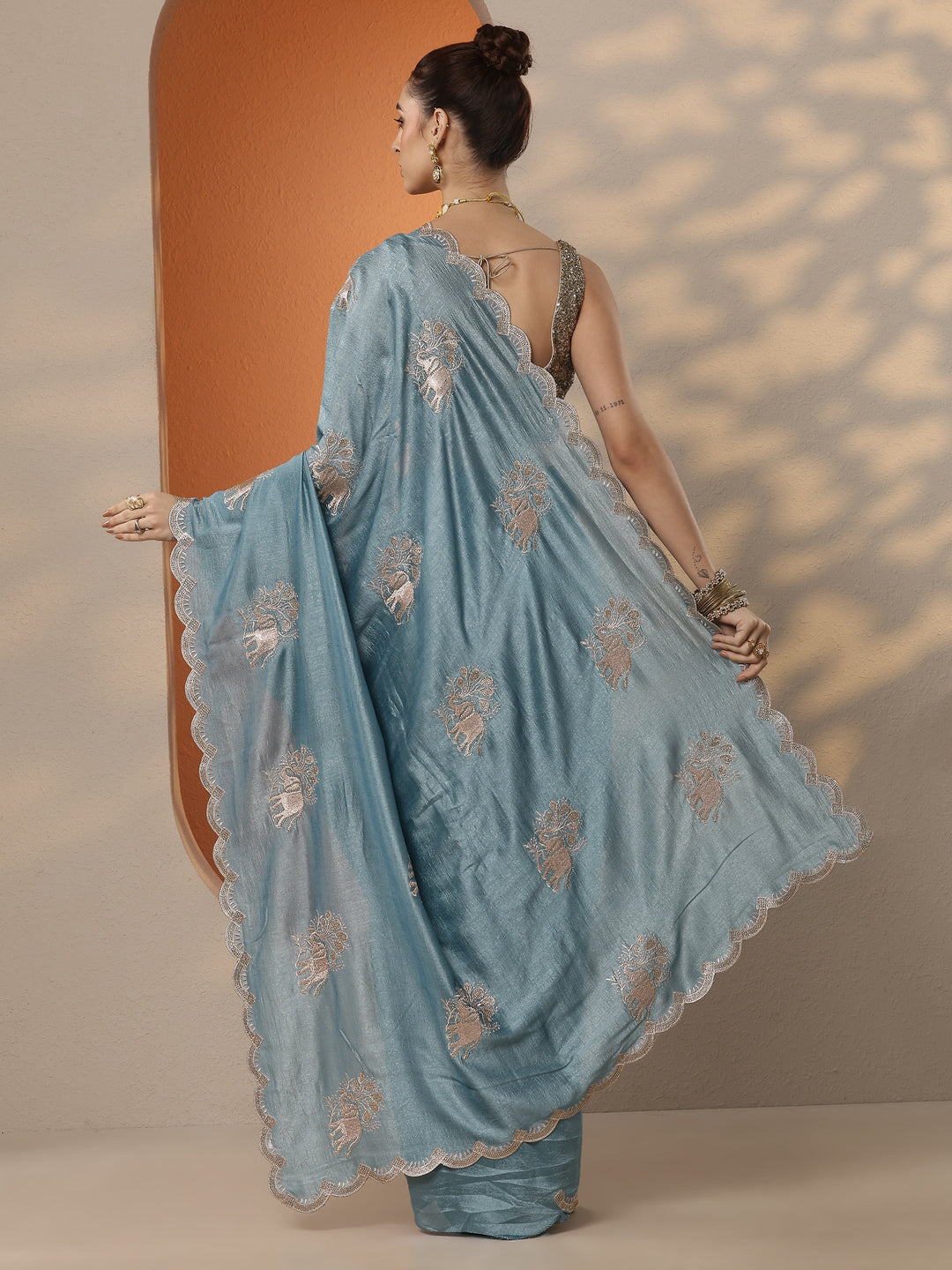  Blue Embellished Chinon Saree With Unstitched Blouse Piece 