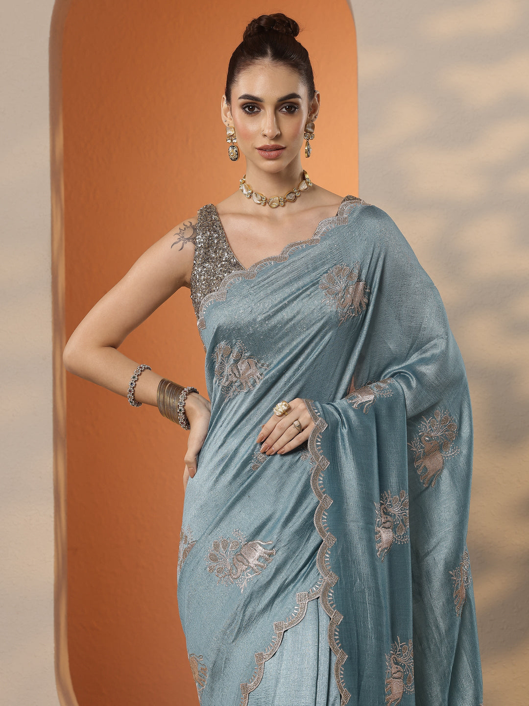  Blue Embellished Chinon Saree With Unstitched Blouse Piece 
