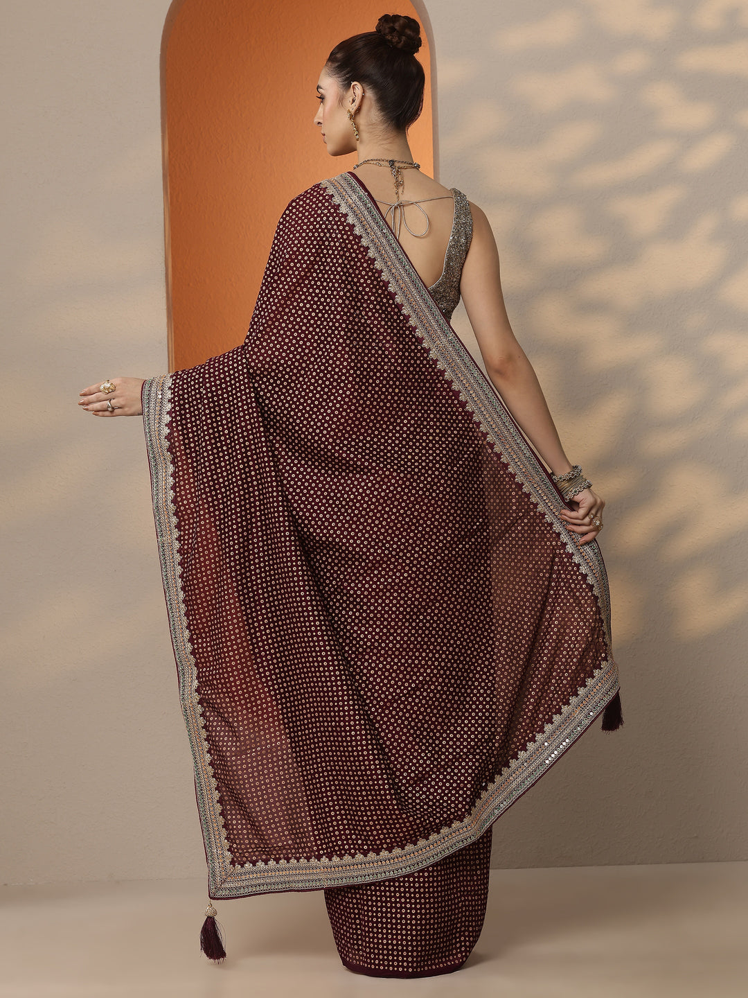  Burgundy Printed Silk Blend Saree With Unstitched Blouse Piece 