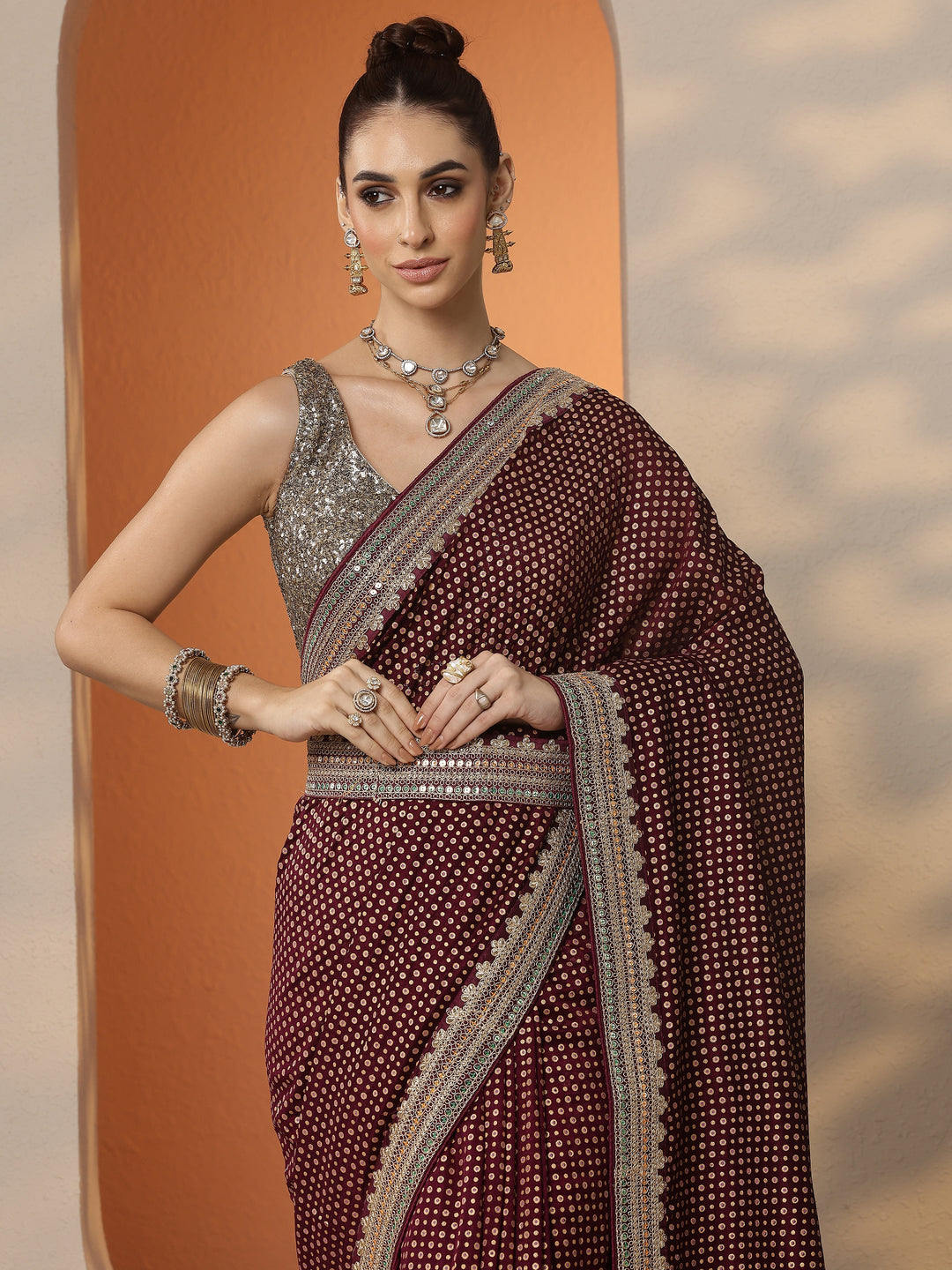 Burgundy Printed Silk Blend Saree With Unstitched Blouse Piece 