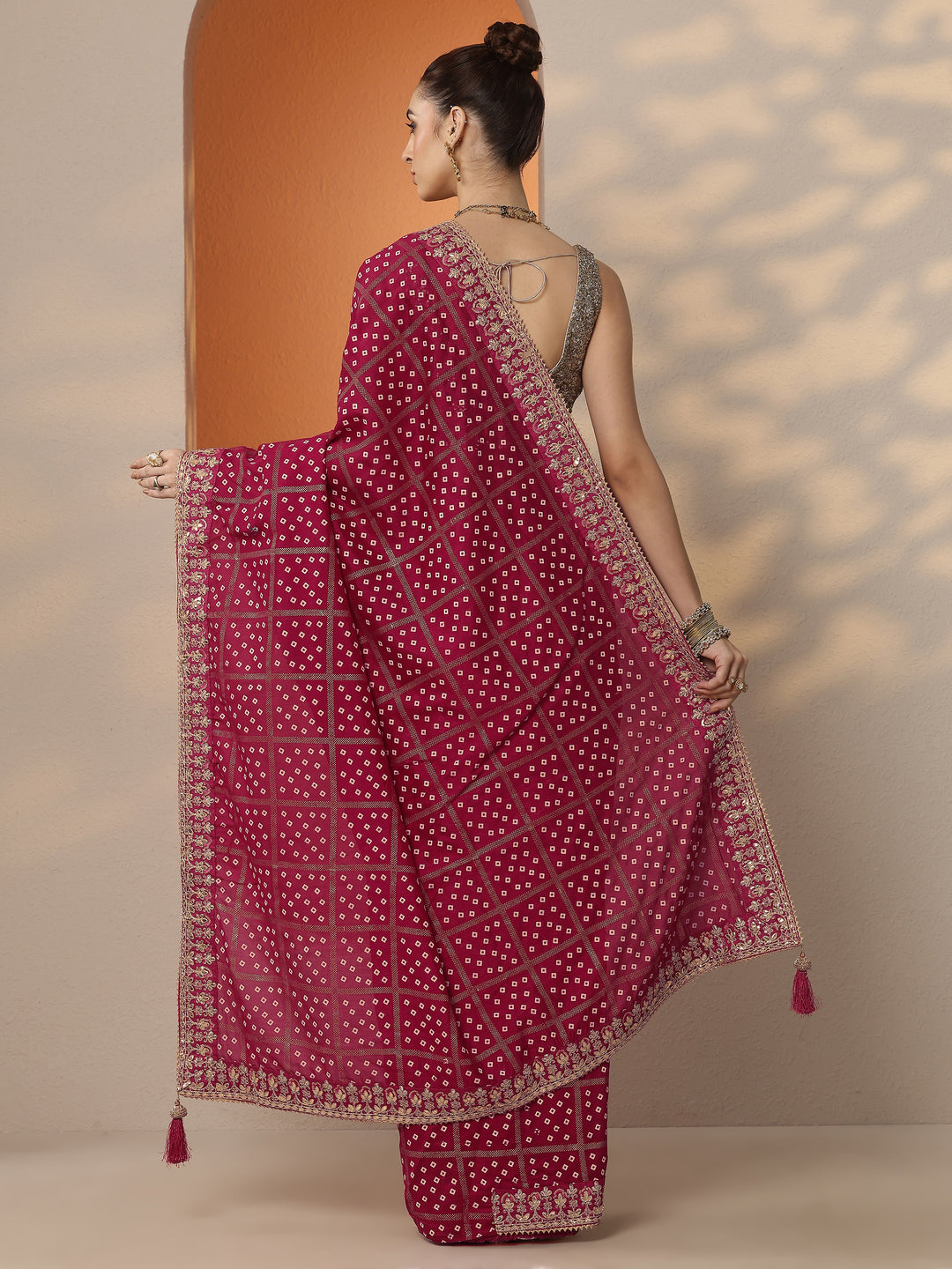  Pink Bandhani Printed Silk Blend Saree With Unstitched Blouse Piece 
