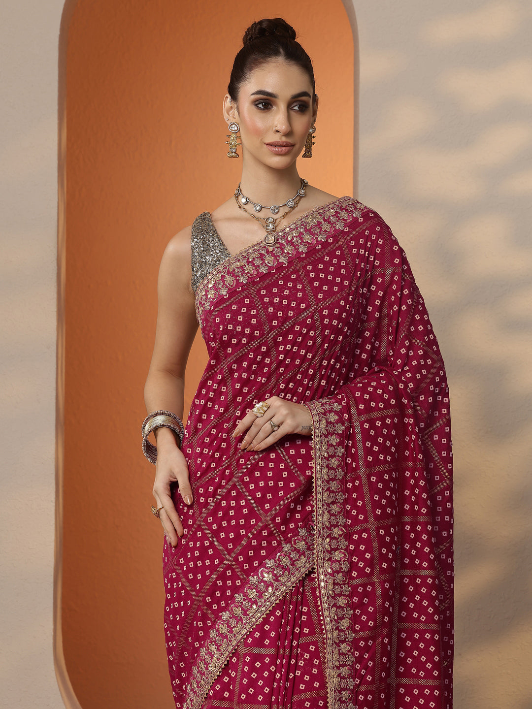  Pink Bandhani Printed Silk Blend Saree With Unstitched Blouse Piece 