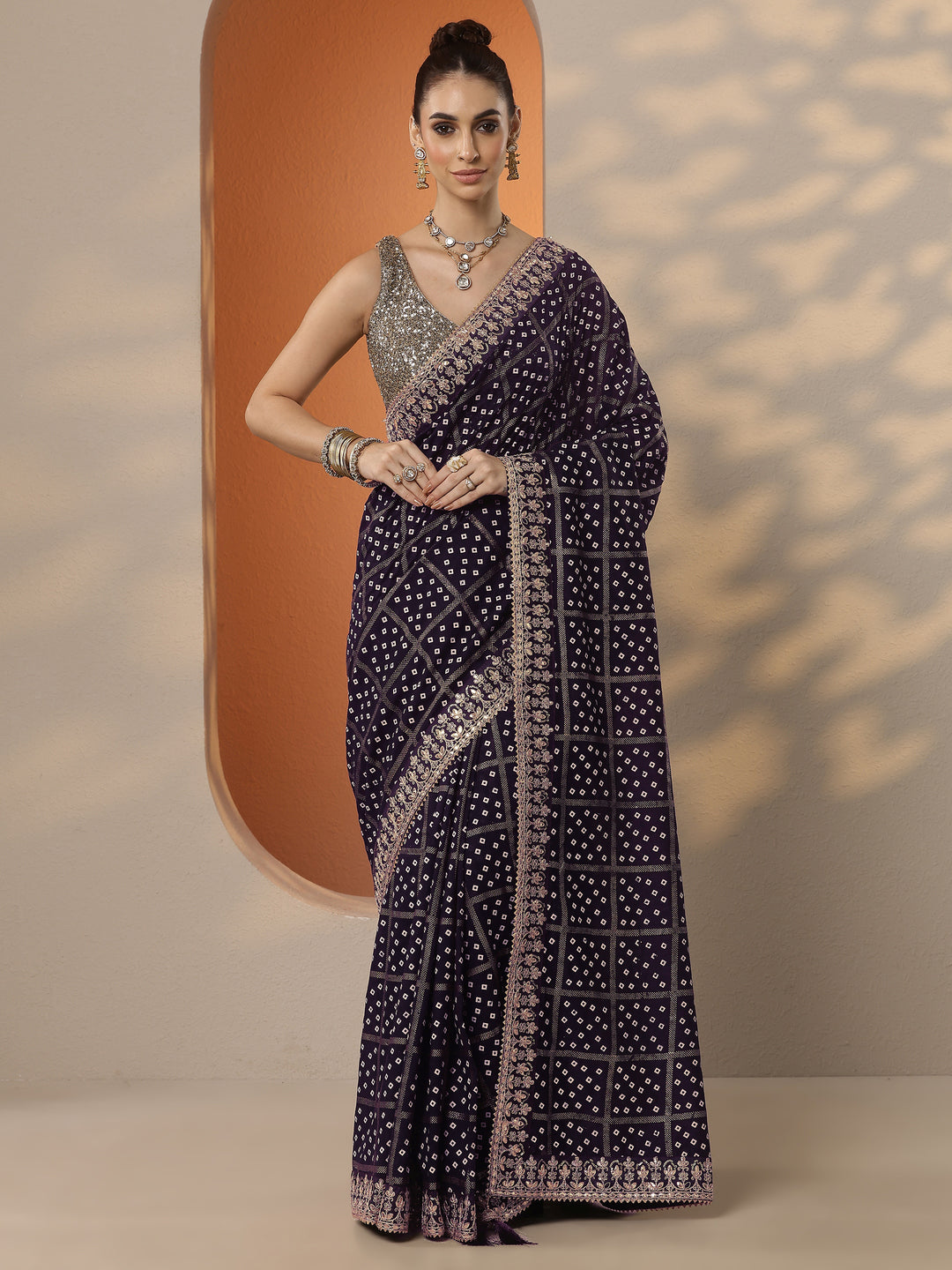  Purple Bandhani Printed Silk Blend Saree With Unstitched Blouse Piece 