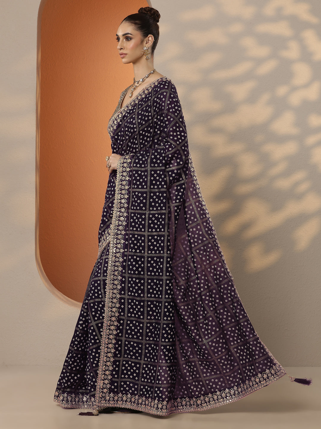  Purple Bandhani Printed Silk Blend Saree With Unstitched Blouse Piece 