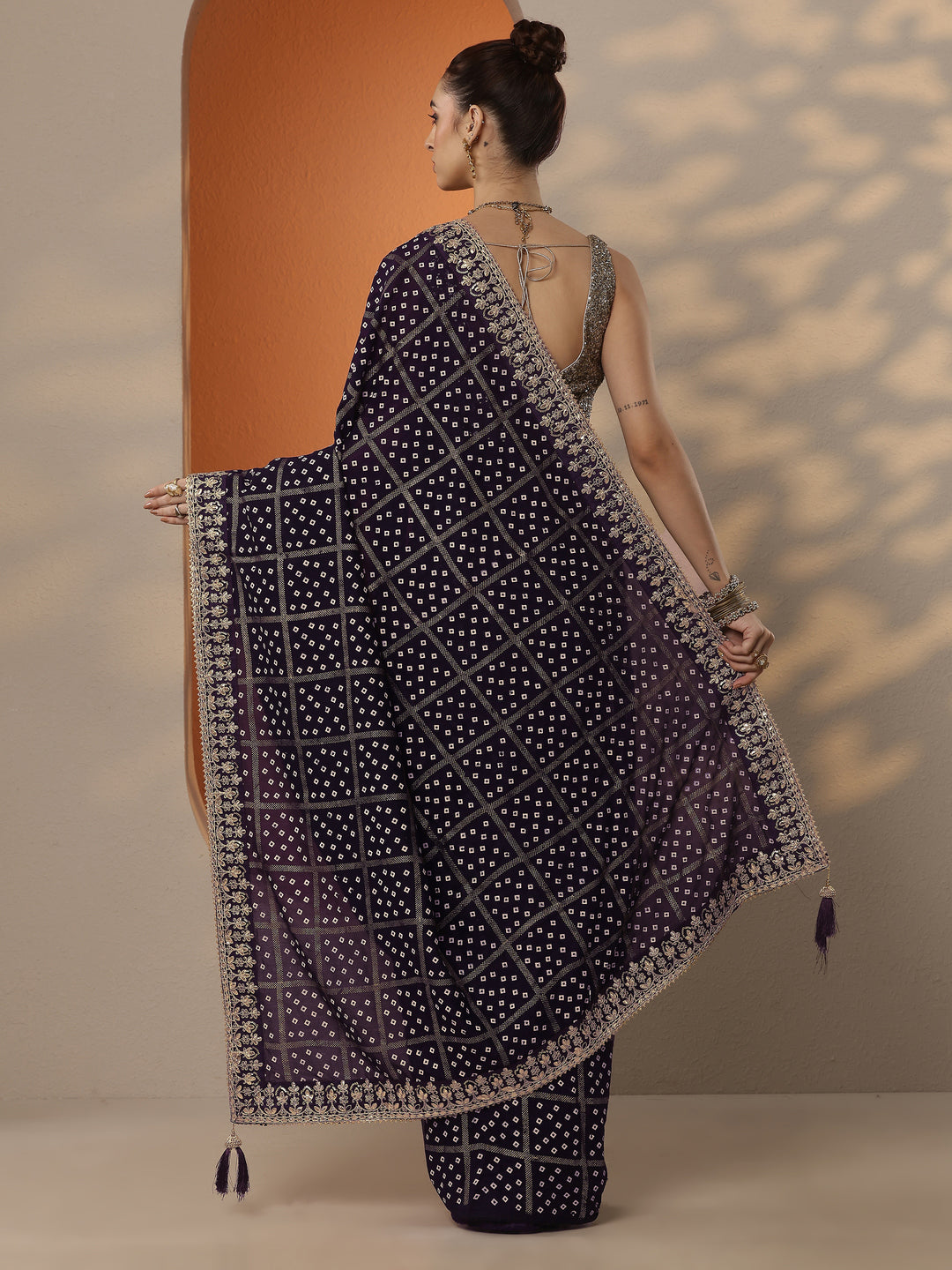  Purple Bandhani Printed Silk Blend Saree With Unstitched Blouse Piece 