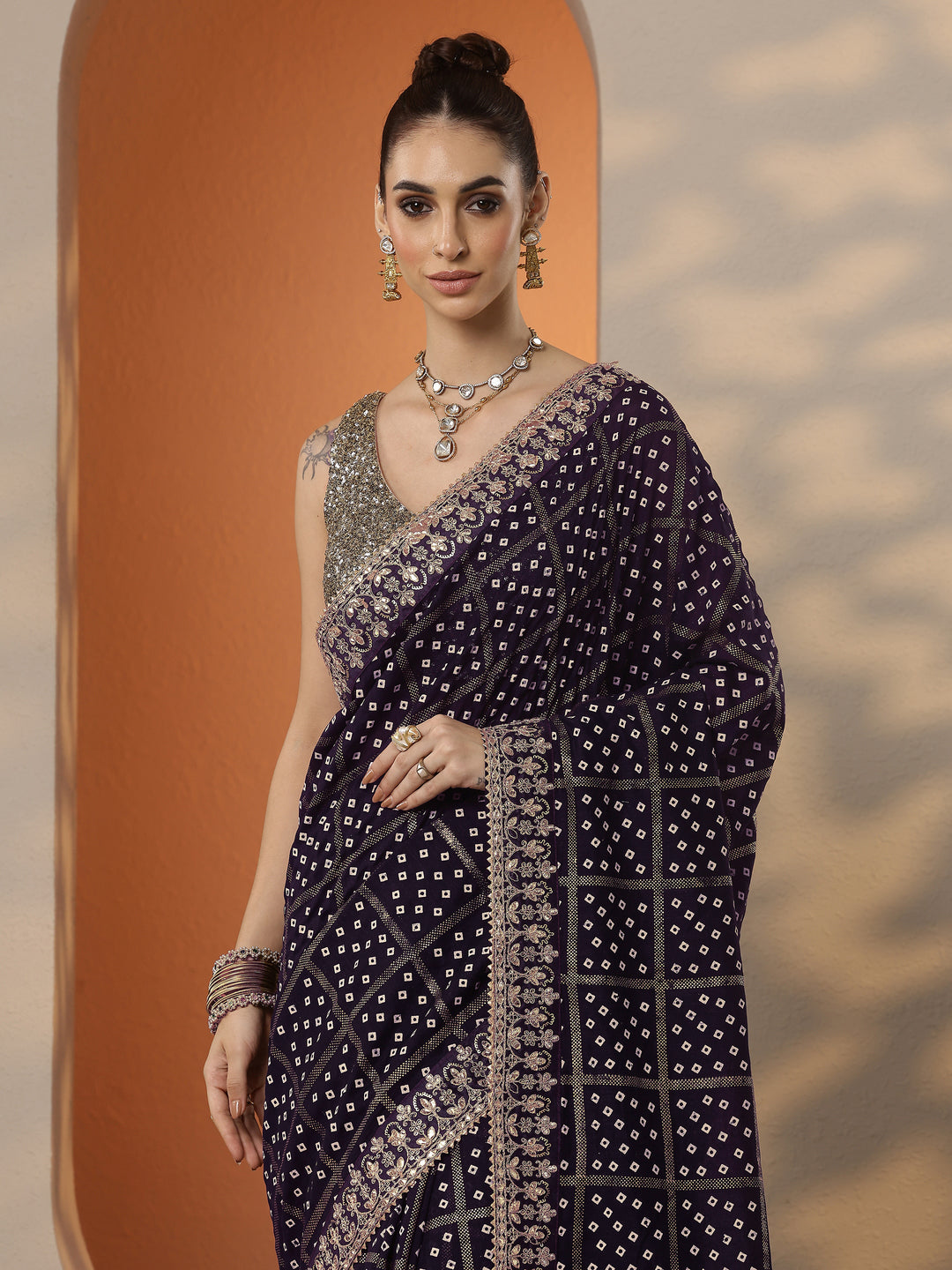  Purple Bandhani Printed Silk Blend Saree With Unstitched Blouse Piece 