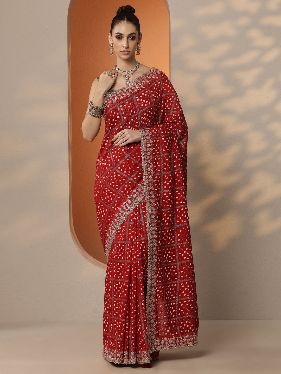  Red Bandhani Printed Silk Blend Saree With Unstitched Blouse Piece 