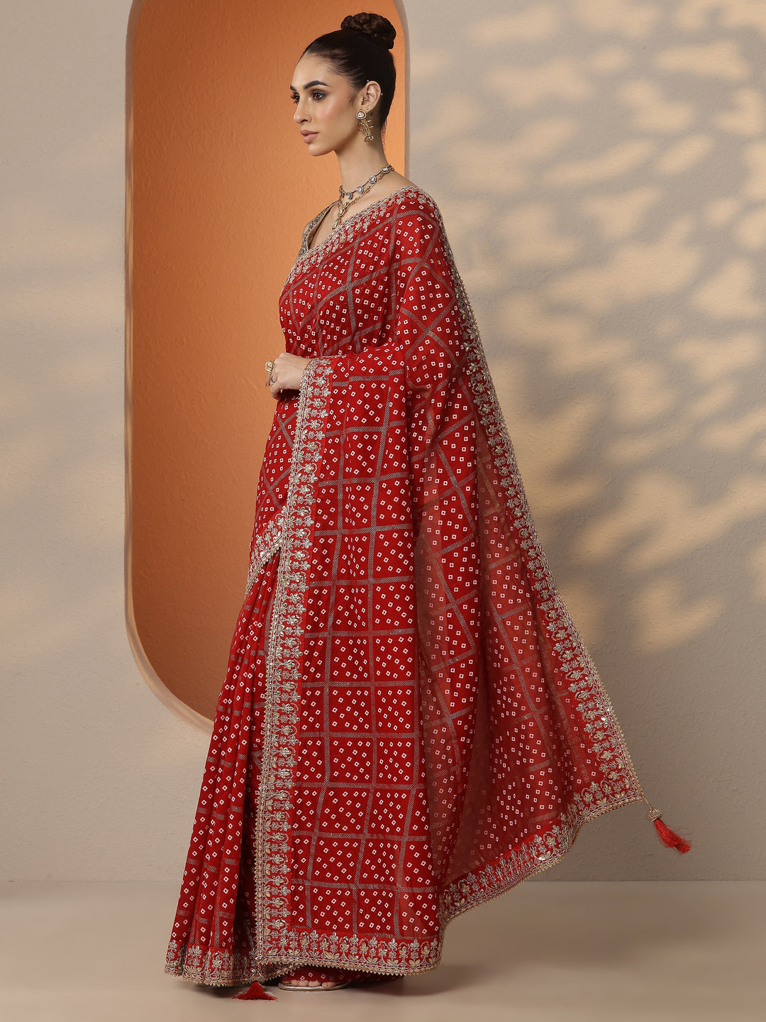  Red Bandhani Printed Silk Blend Saree With Unstitched Blouse Piece 