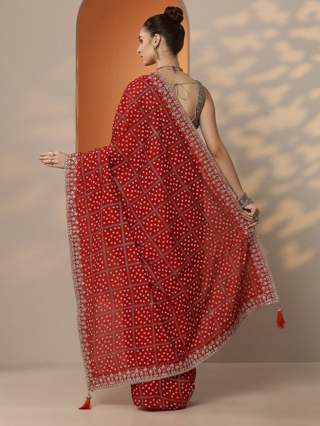  Red Bandhani Printed Silk Blend Saree With Unstitched Blouse Piece 