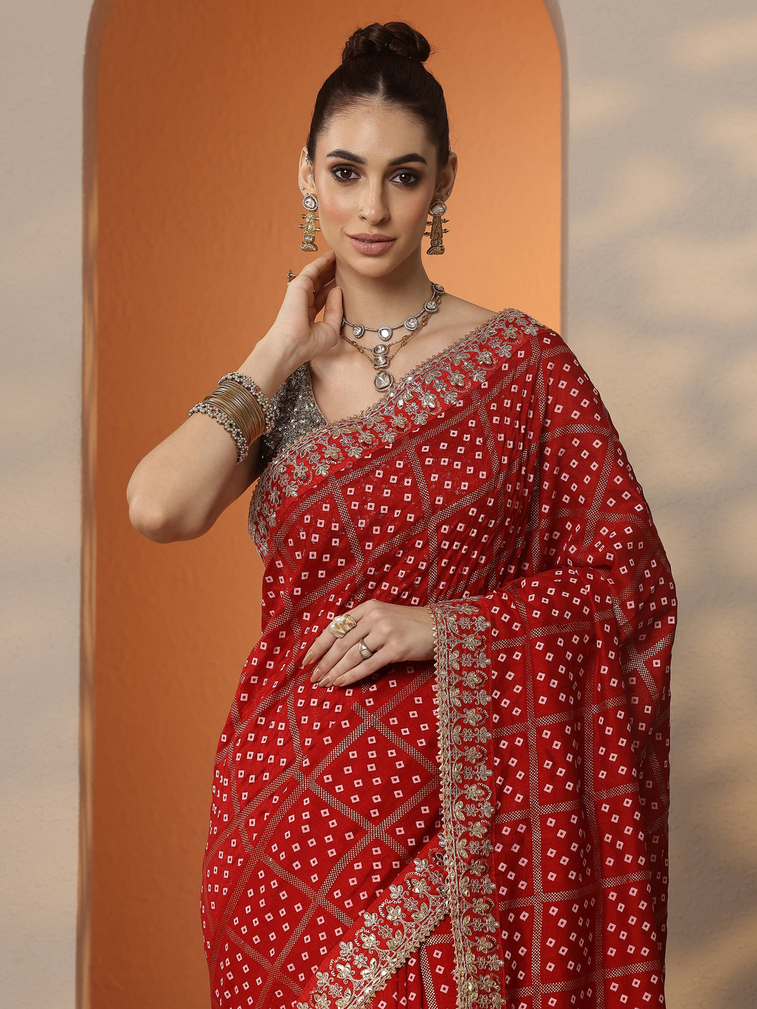  Red Bandhani Printed Silk Blend Saree With Unstitched Blouse Piece 