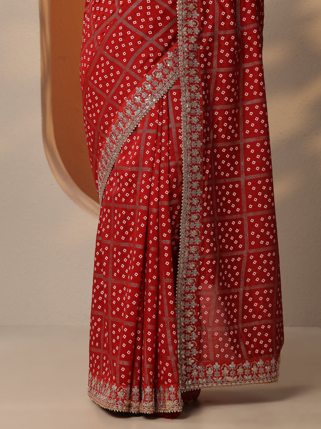  Red Bandhani Printed Silk Blend Saree With Unstitched Blouse Piece 