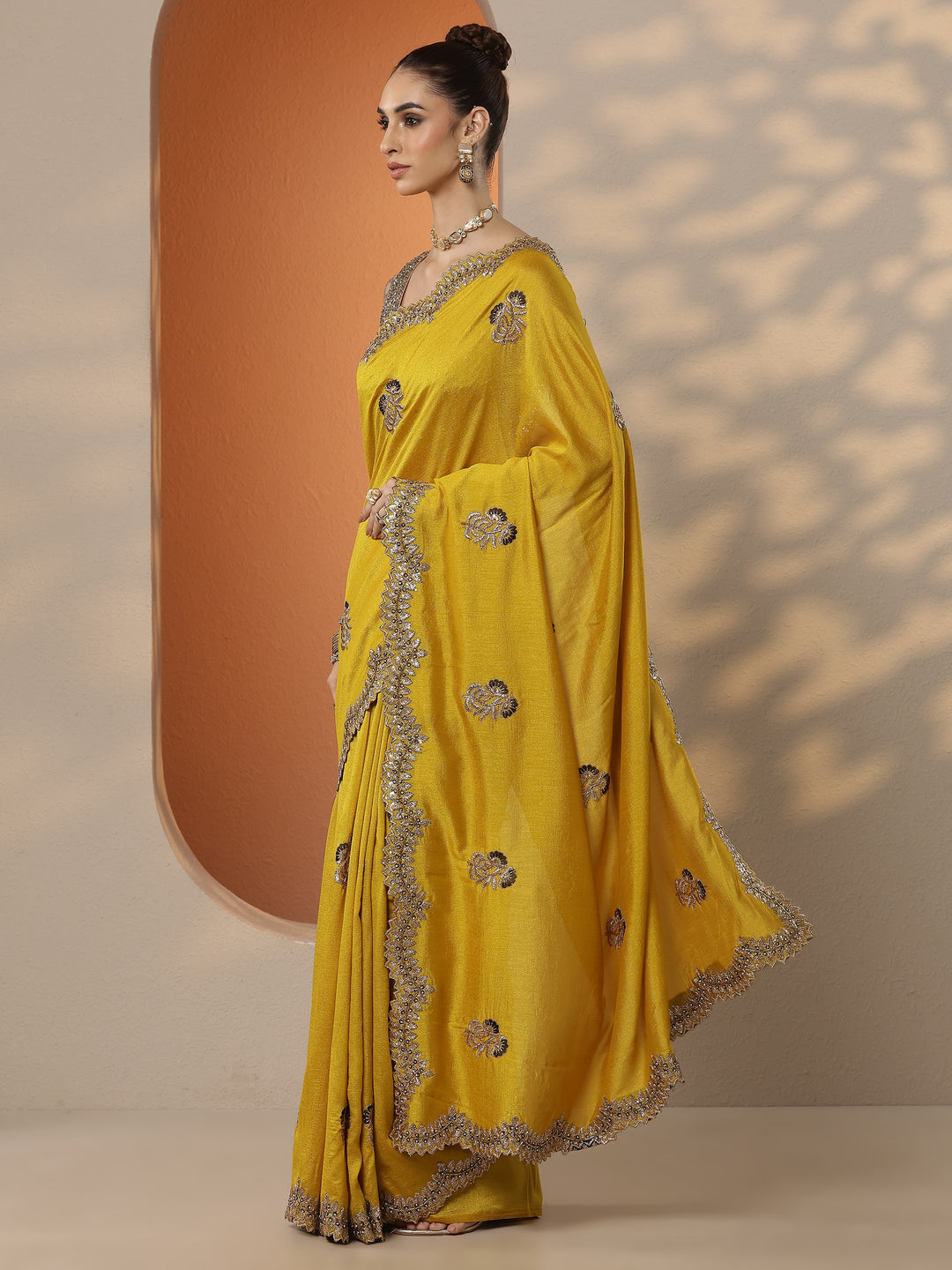  Mustard Embellished Silk Blend Saree With Unstitched Blouse Piece 
