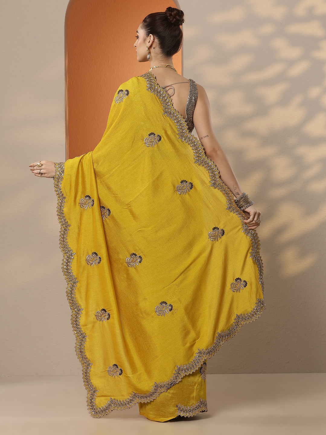  Mustard Embellished Silk Blend Saree With Unstitched Blouse Piece 