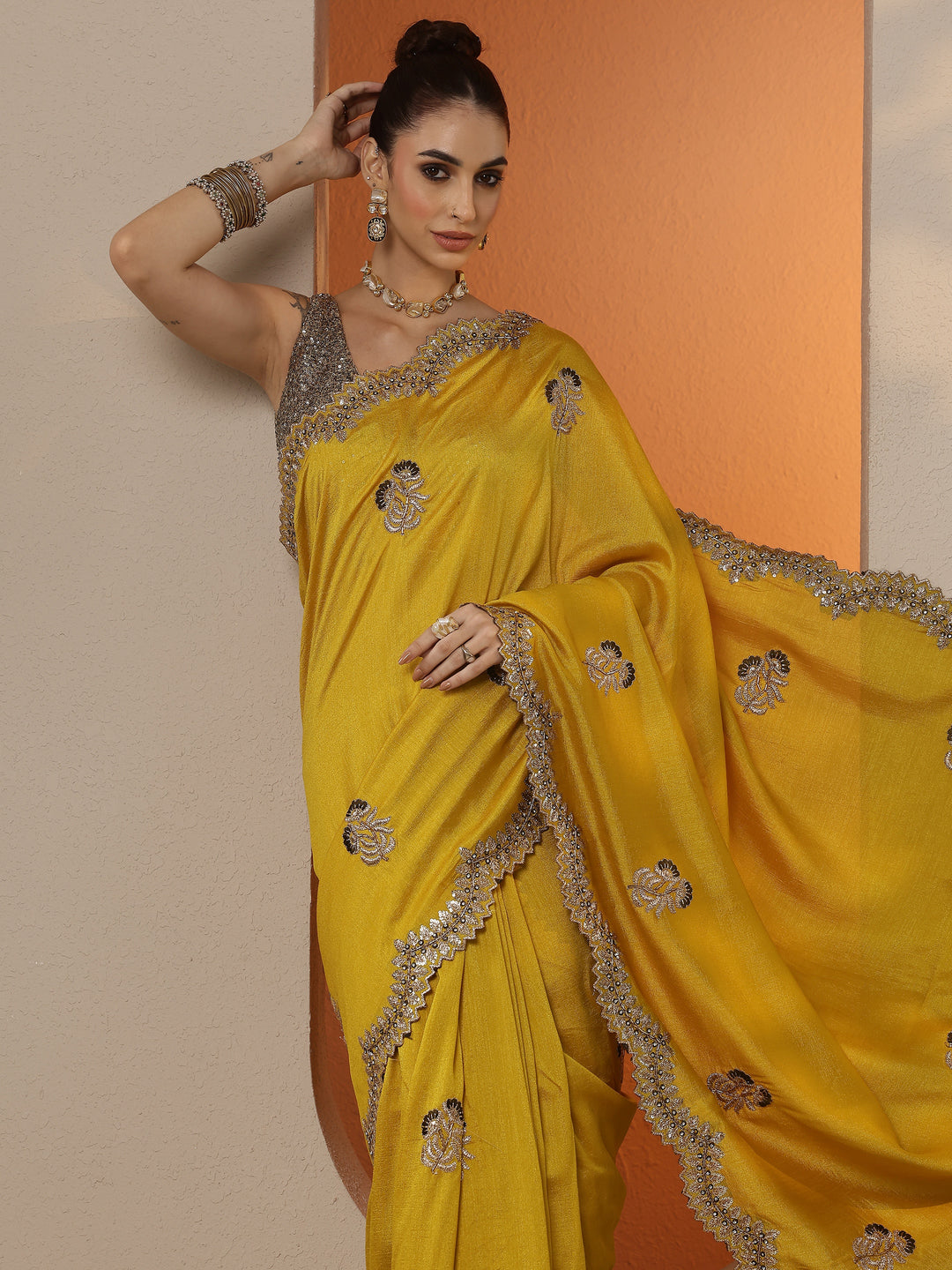  Mustard Embellished Silk Blend Saree With Unstitched Blouse Piece 