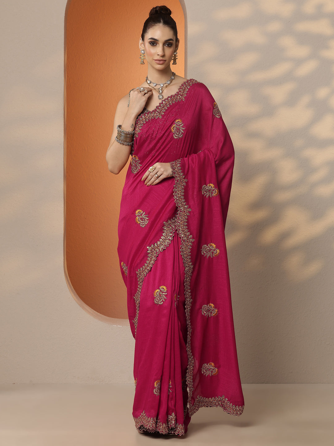  Pink Embellished Silk Blend Saree With Unstitched Blouse Piece 