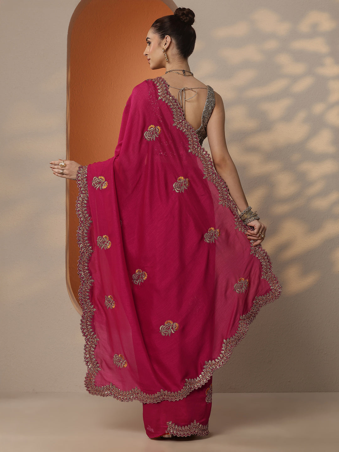  Pink Embellished Silk Blend Saree With Unstitched Blouse Piece 