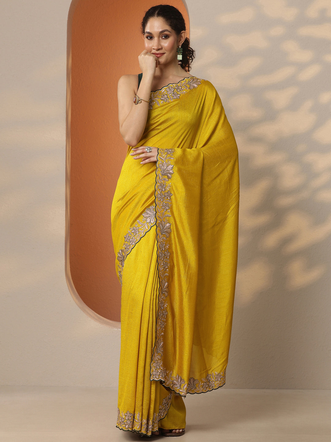  Mustard Solid Silk Blend Saree With Unstitched Blouse Piece 