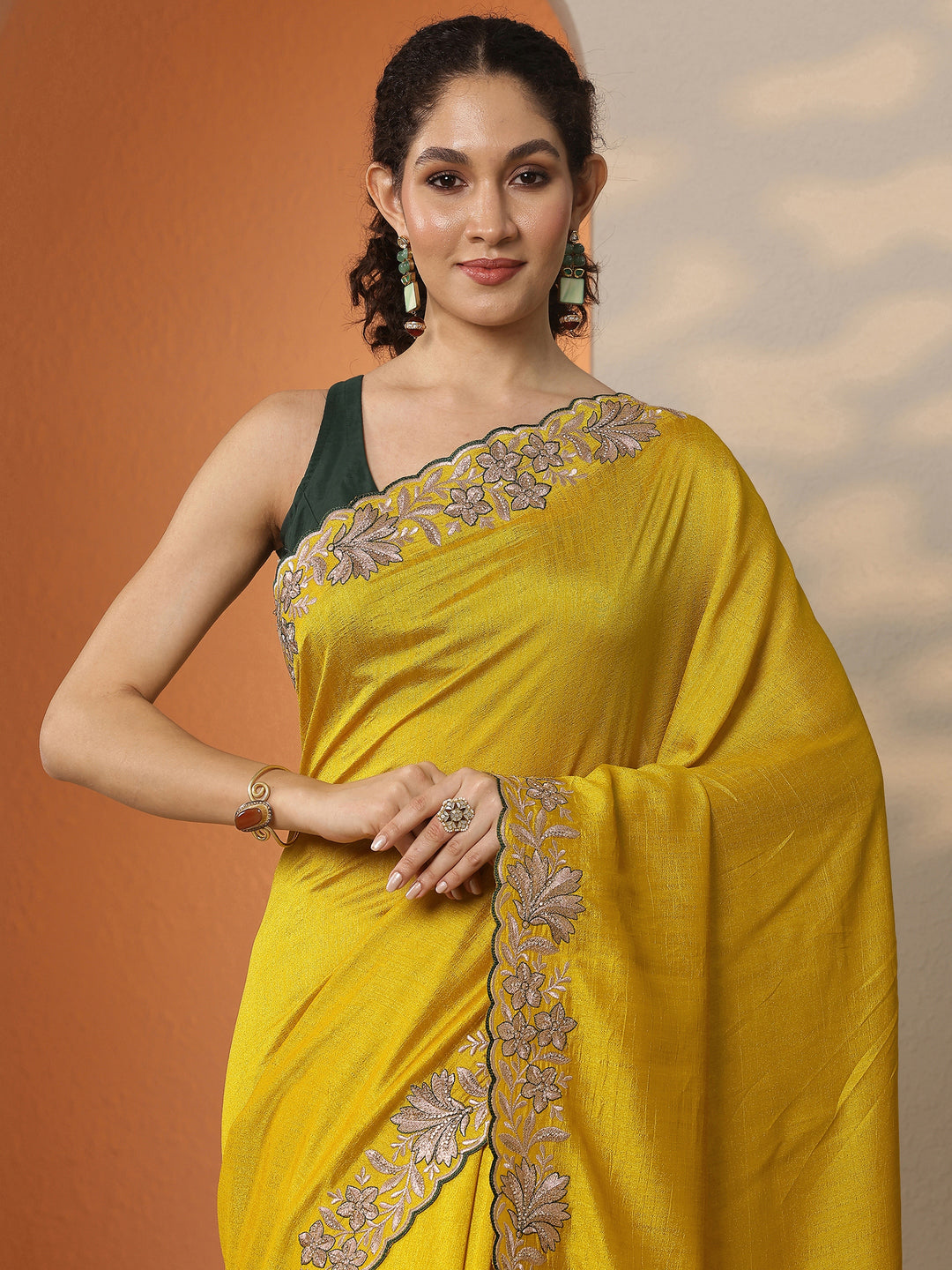  Mustard Solid Silk Blend Saree With Unstitched Blouse Piece 