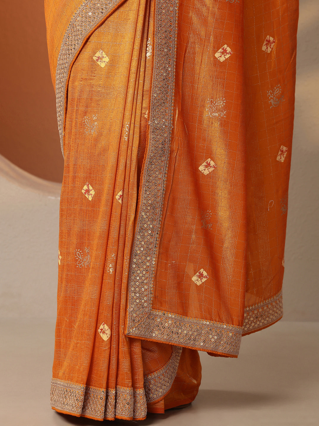  Orange Printed Silk Blend Saree With Unstitched Blouse Piece 