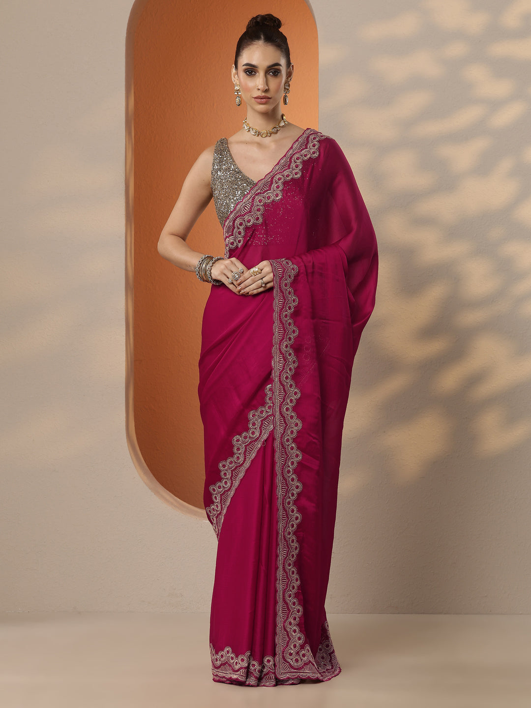  Pink Solid Chiffon Saree With Unstitched Blouse Piece 