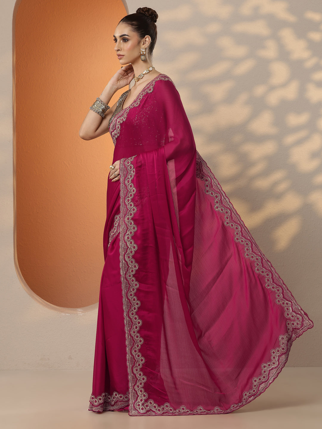  Pink Solid Chiffon Saree With Unstitched Blouse Piece 