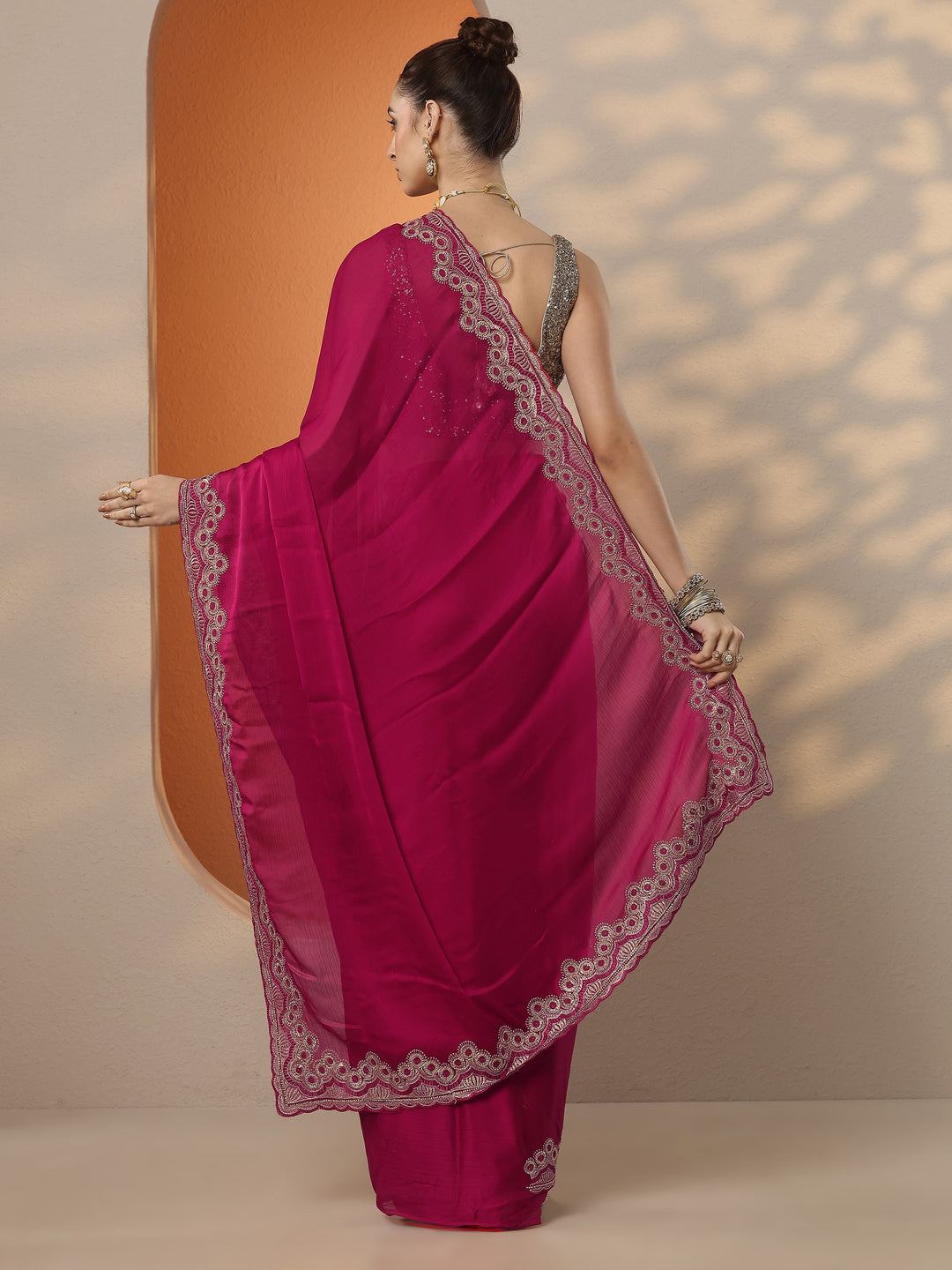  Pink Solid Chiffon Saree With Unstitched Blouse Piece 