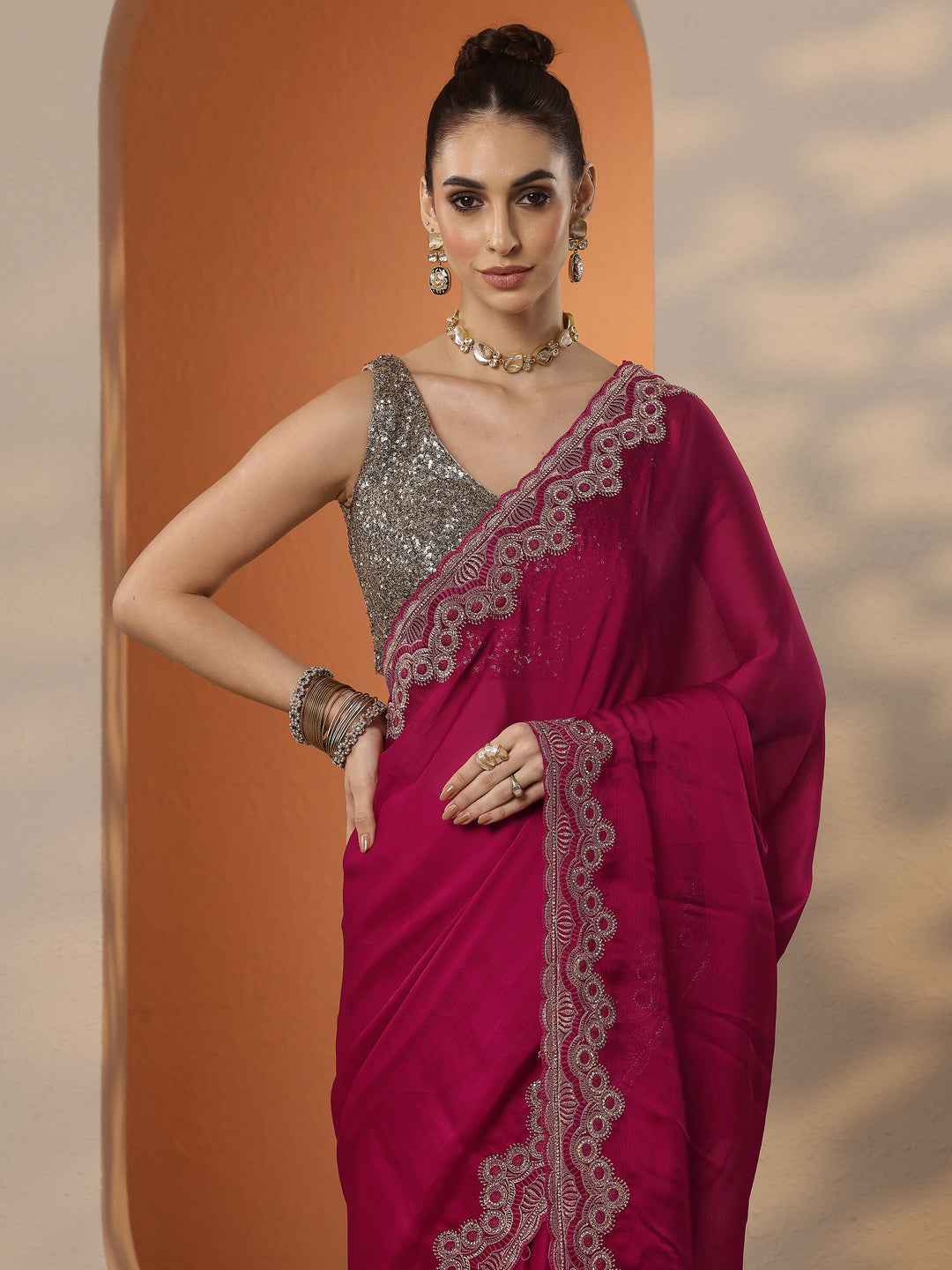  Pink Solid Chiffon Saree With Unstitched Blouse Piece 