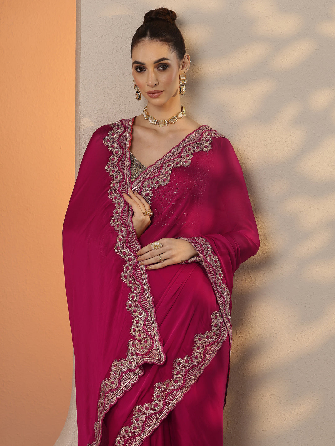  Pink Solid Chiffon Saree With Unstitched Blouse Piece 