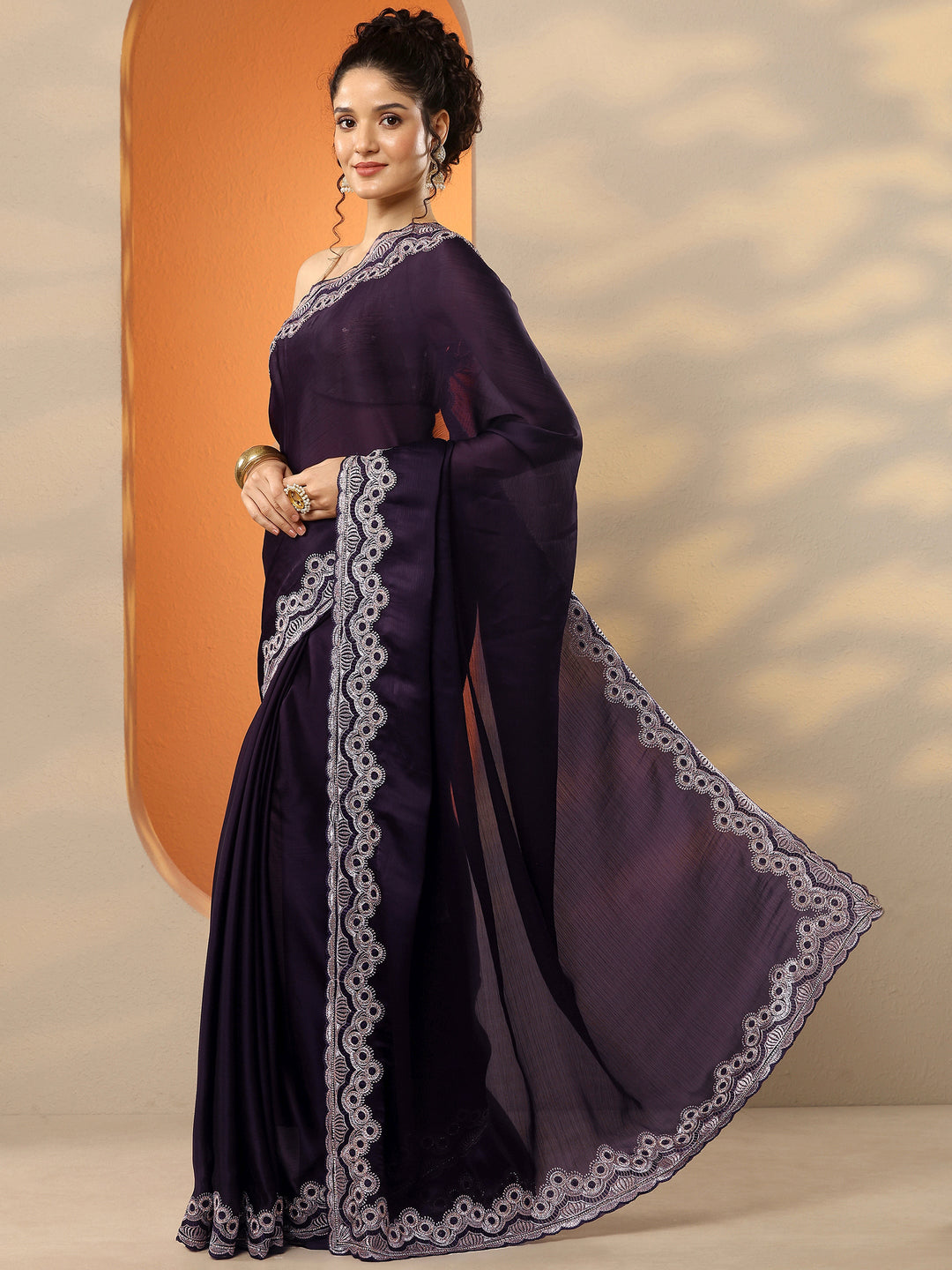  Burgundy Solid Chiffon Saree With Unstitched Blouse Piece 