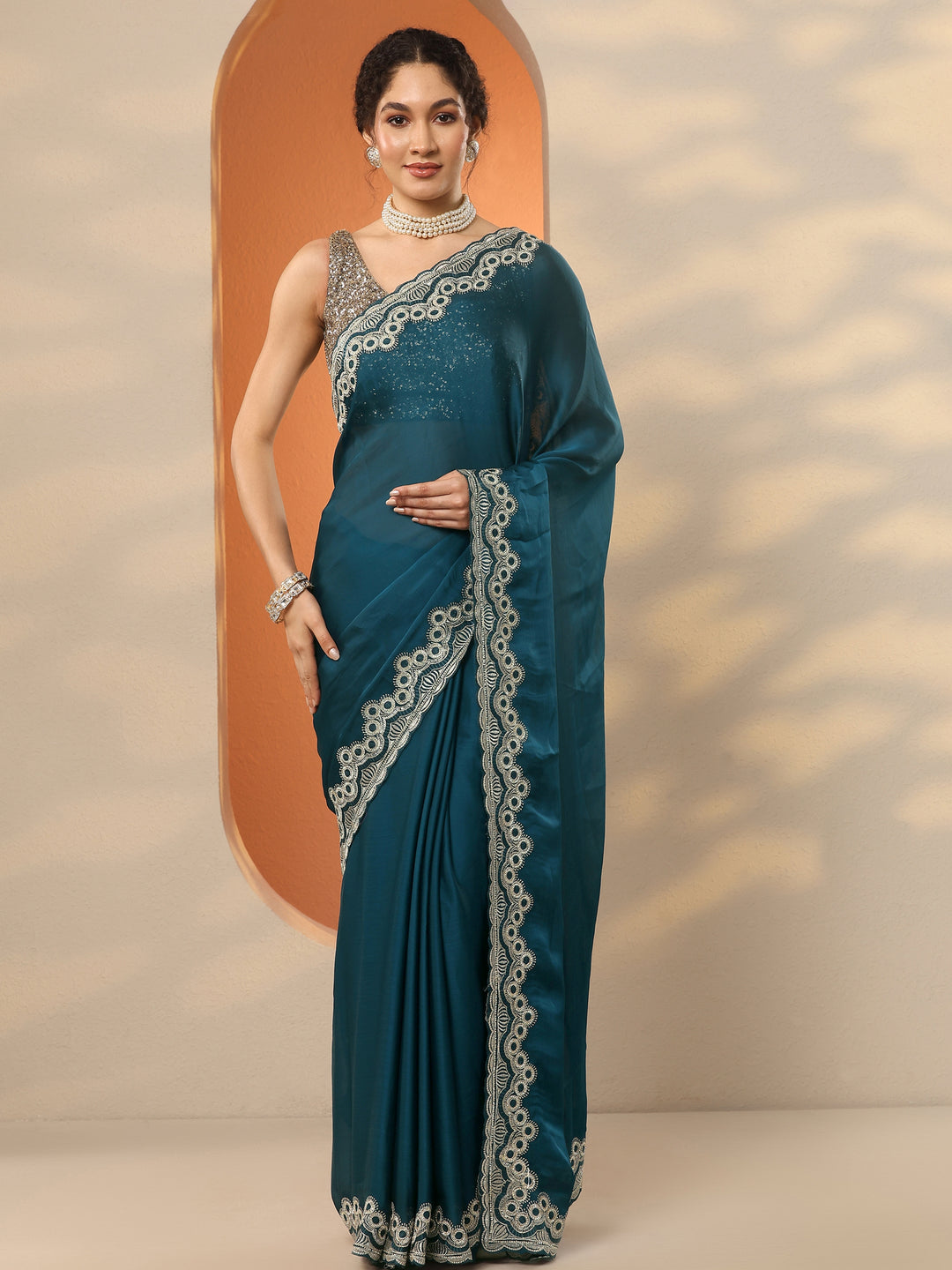  Blue Solid Chiffon Saree With Unstitched Blouse Piece 