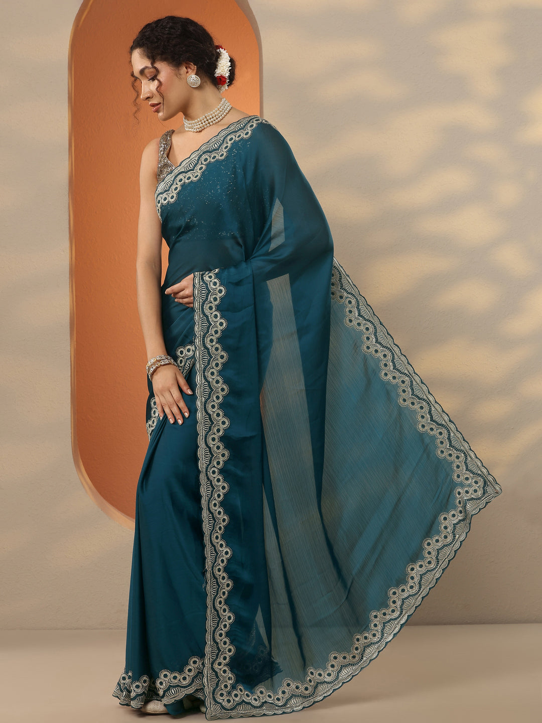  Blue Solid Chiffon Saree With Unstitched Blouse Piece 