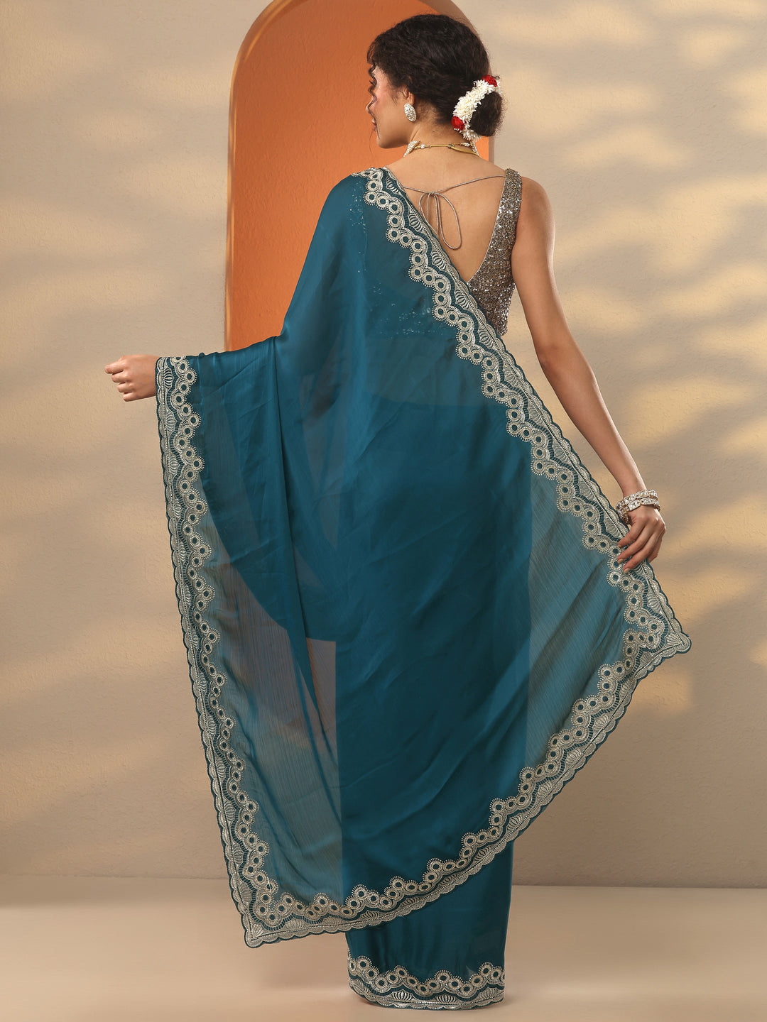  Blue Solid Chiffon Saree With Unstitched Blouse Piece 