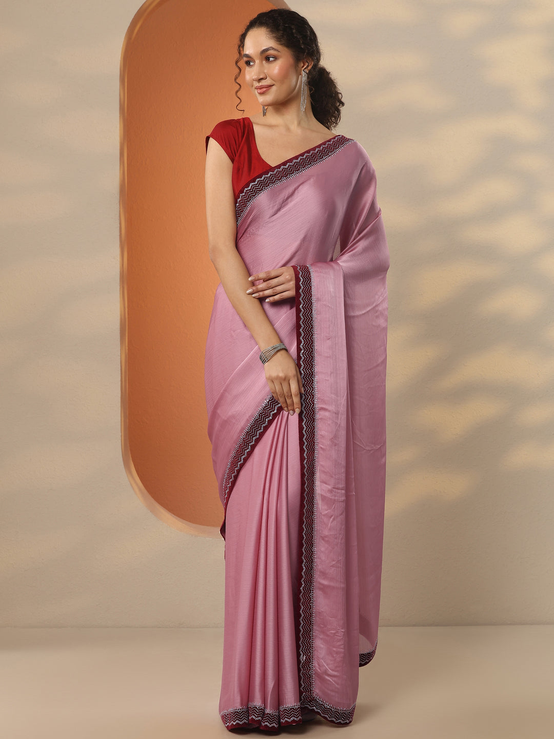  Pink Solid Chiffon Saree With Unstitched Blouse Piece 