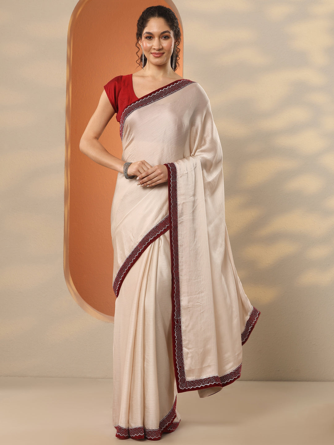  Beige Solid Chiffon Saree With Unstitched Blouse Piece 