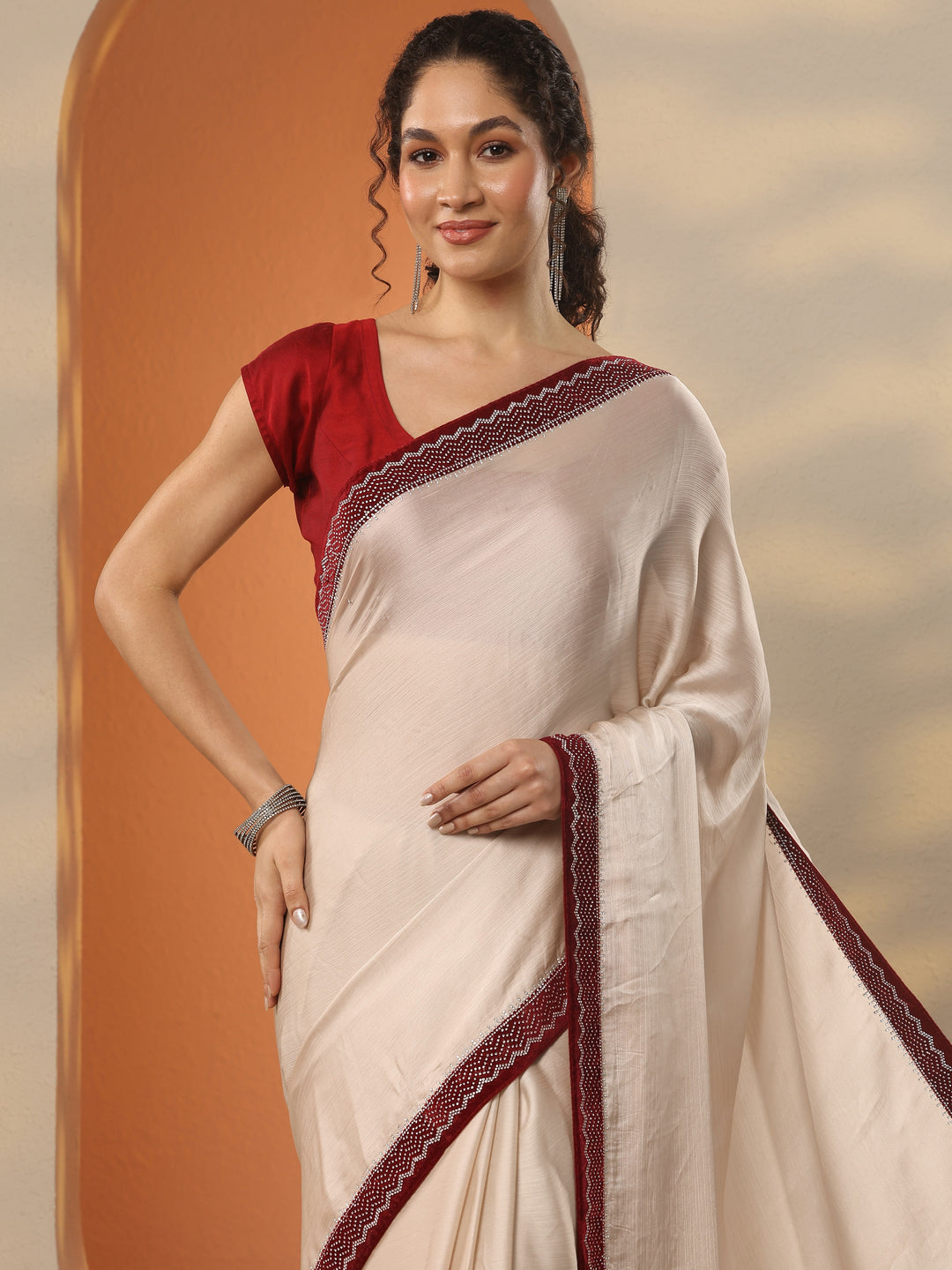  Beige Solid Chiffon Saree With Unstitched Blouse Piece 