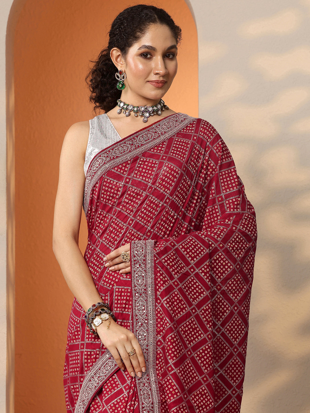  Red Bandhani Printed Silk Blend Saree With Unstitched Blouse Piece 